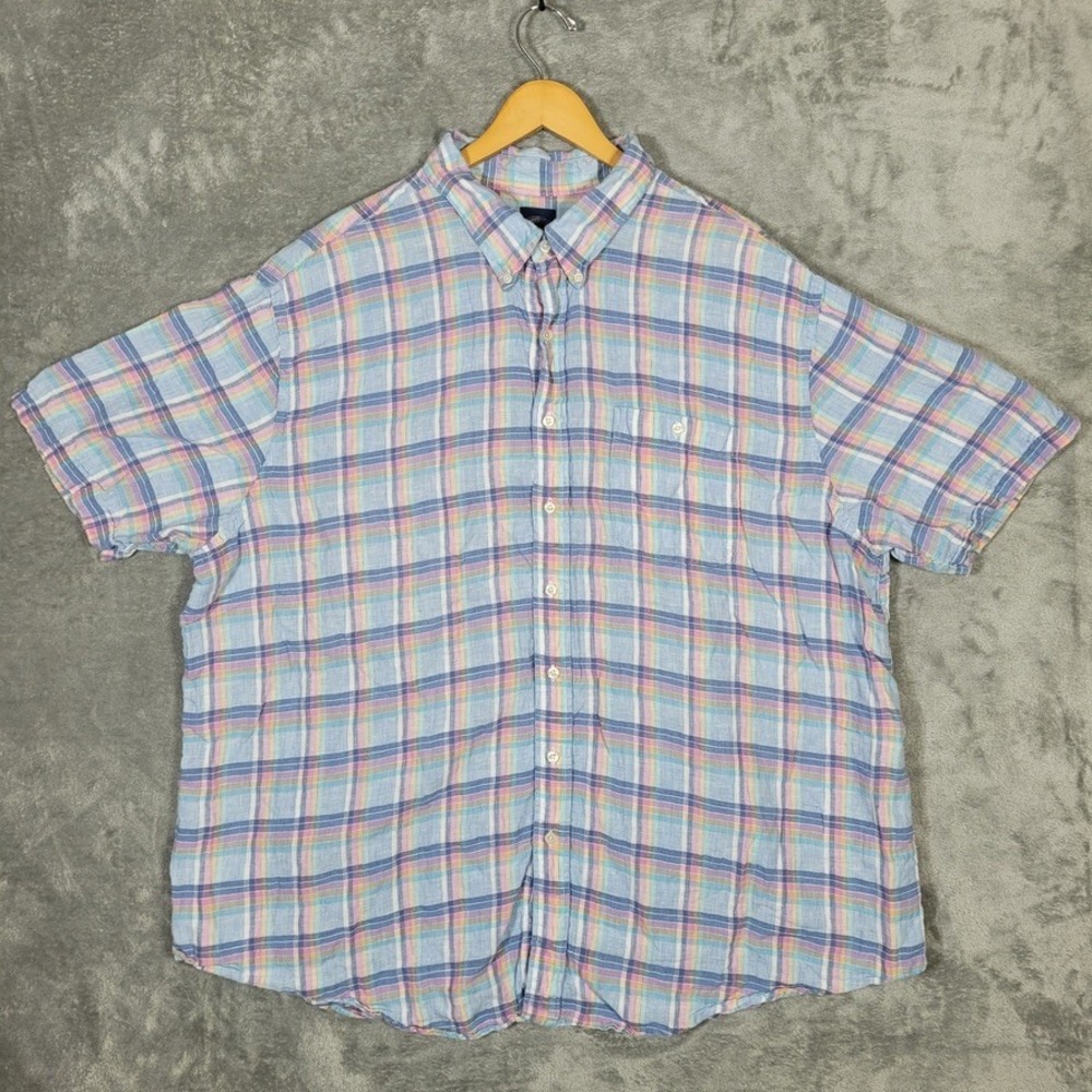 Brooks Brothers Linen Shirt Mens 3XL Pink Blue Yellow Plaid Button Up